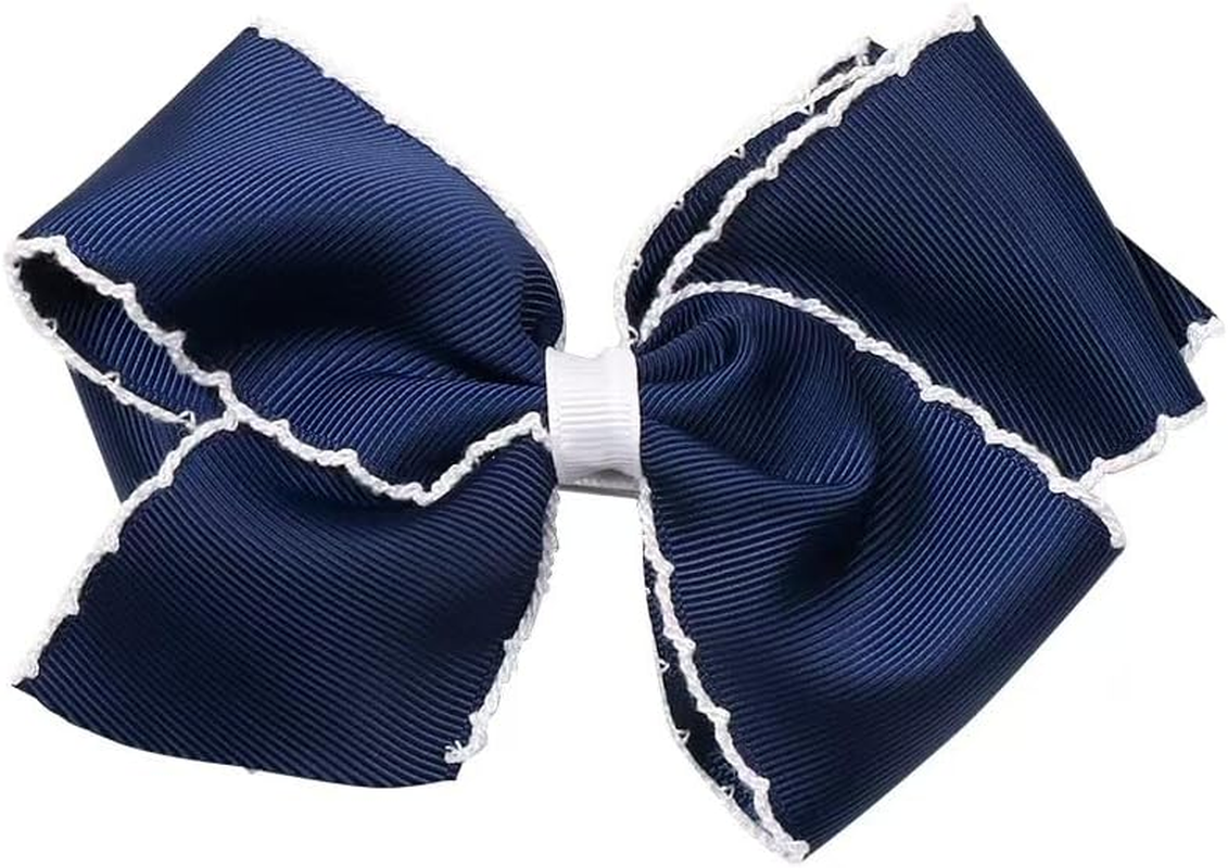 Girls' Classic Grosgrain Moonstitch Edge Hair Bow on a Weestay Hair Clip, Matching Edge, King, Pearl (Red)