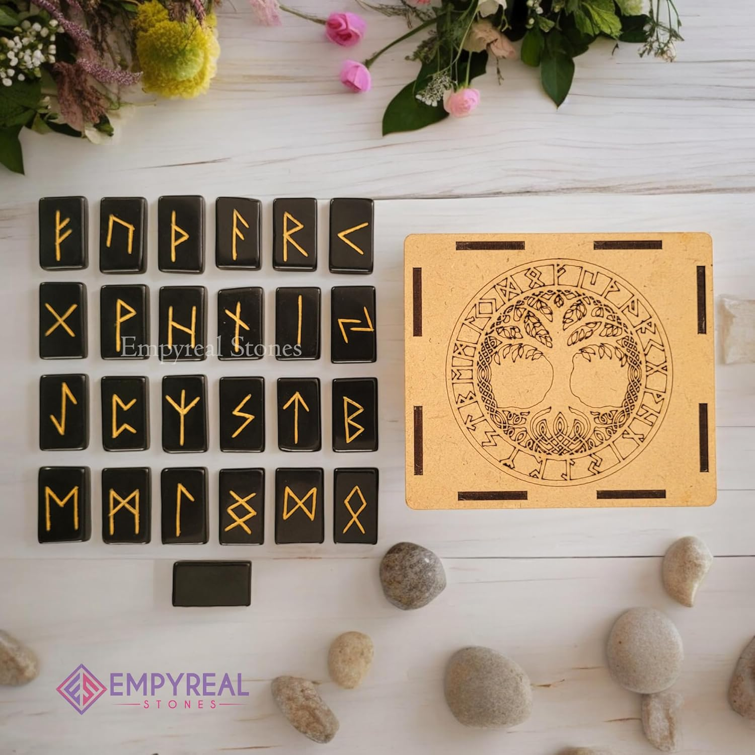 Gemstone Rune Stones Authentic Elder Futhark Set for Divine Guidance and Wisdom (Black Tourmaline) image number 2