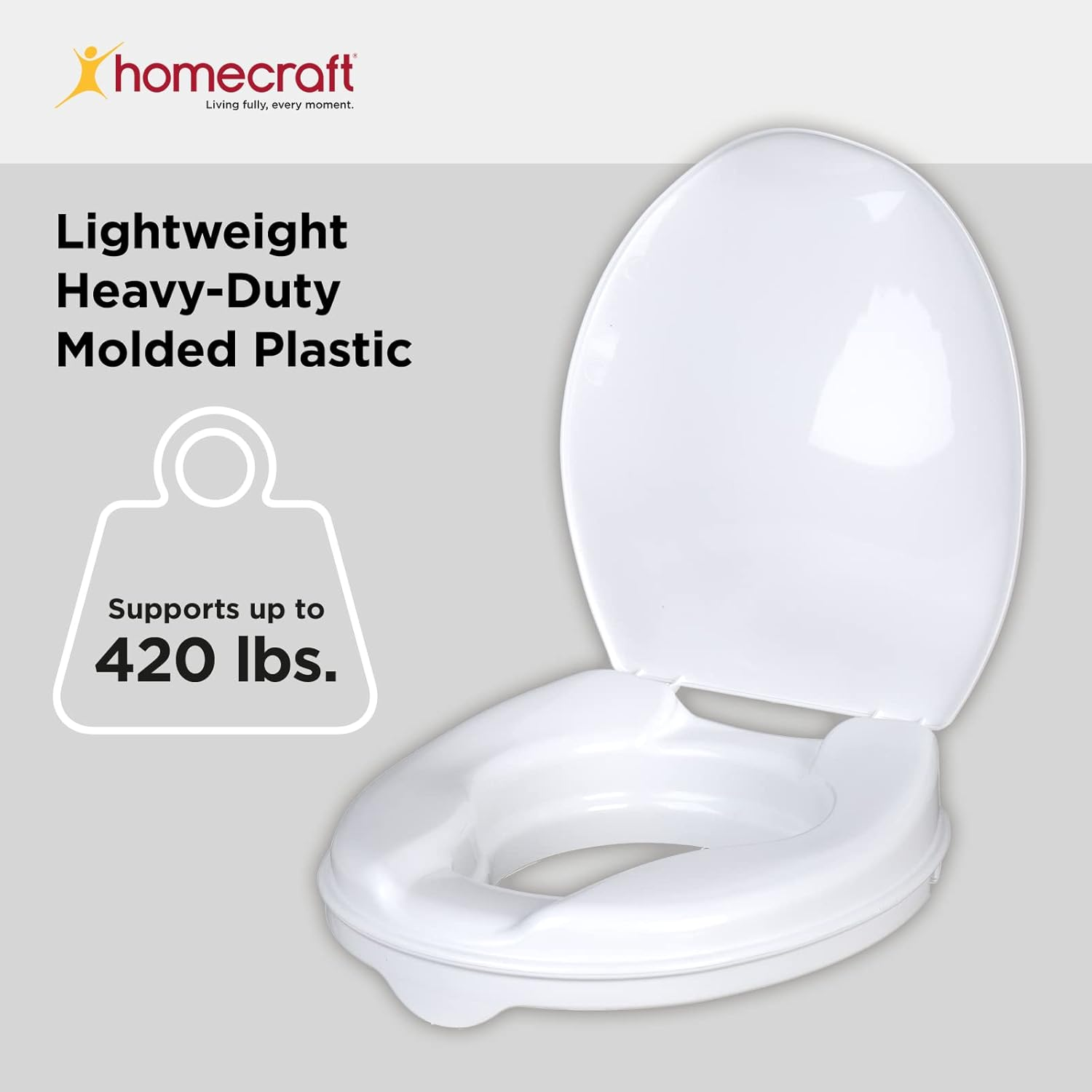 Homecraft Savanah Raised Toilet Seat, 5Cm High with Lid, Elevated Toilet Seat Locks onto Toilets, Portable Commode Seat with Sturdy Brackets, Medical Aid for Elderly, Disabled, Limited Mobility