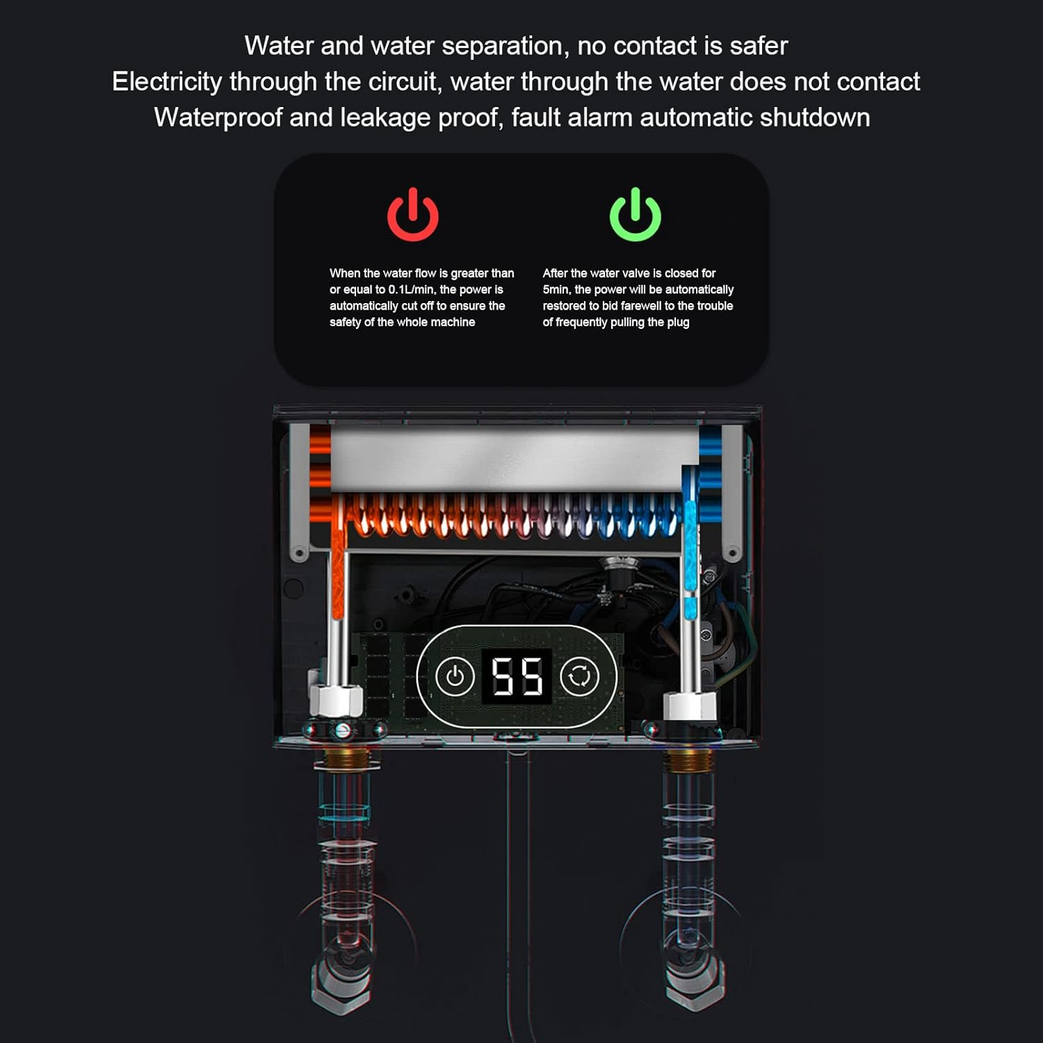 Electric Tankless Water Heater, 5500W Household Instant Water Hot Heater with G1/2 Caliber, Overheating Digital Display Hot Water Heater for Home Kitchen Bathroom image number 5