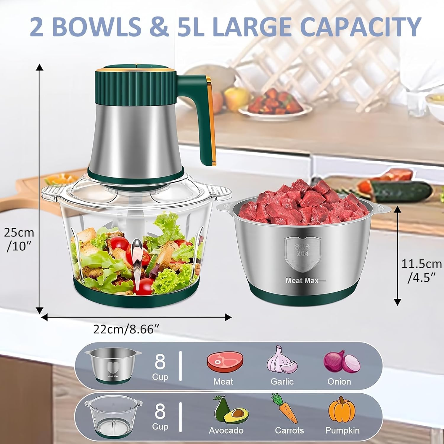 5-In-1 Electric Food Processor with 2 Bowls(2L+2L), Food Chopper with 2 Bi-Level Blades, Mini Vegetable Chopper Meat Grinder Kit for Kitchen & Restaurants Electric Chooper for Onion Salad Garlic Fruit image number 2