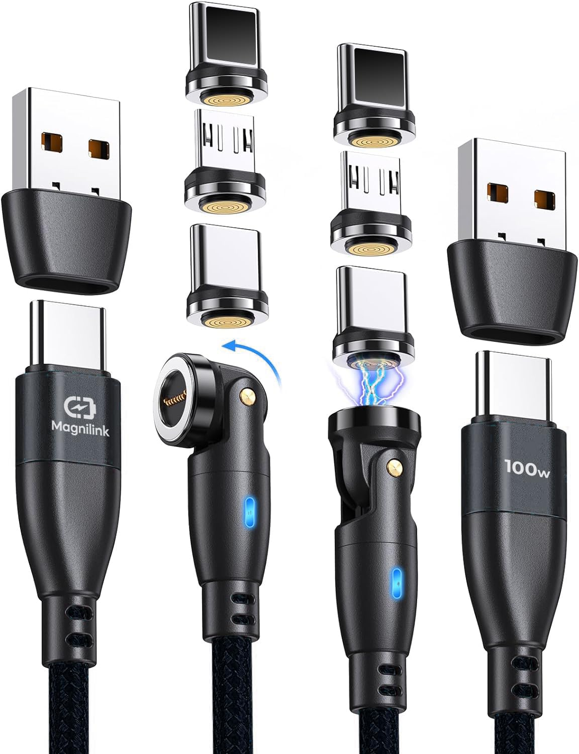 Magnilink 360 PRO 100W Magnetic USB C Phone Charger (Pack of 2) - 6 in 1 Magnet Charging Cable Fast Charging & Data - Works with I-Products, Type-C and Micro USB (Onyx Black) image number 6