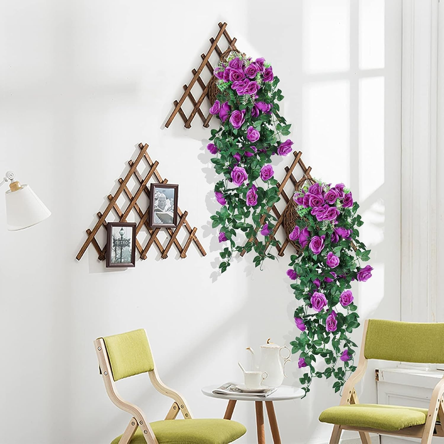 JLHOUSE AU7040-4 Artificial Hanging Rose Plants Fake Rose Flowers Faux Ivy Hanging Vines Wall D&eacute;cor Wedding Home Garden Decoration (Purple) - Purple Rose image number 3