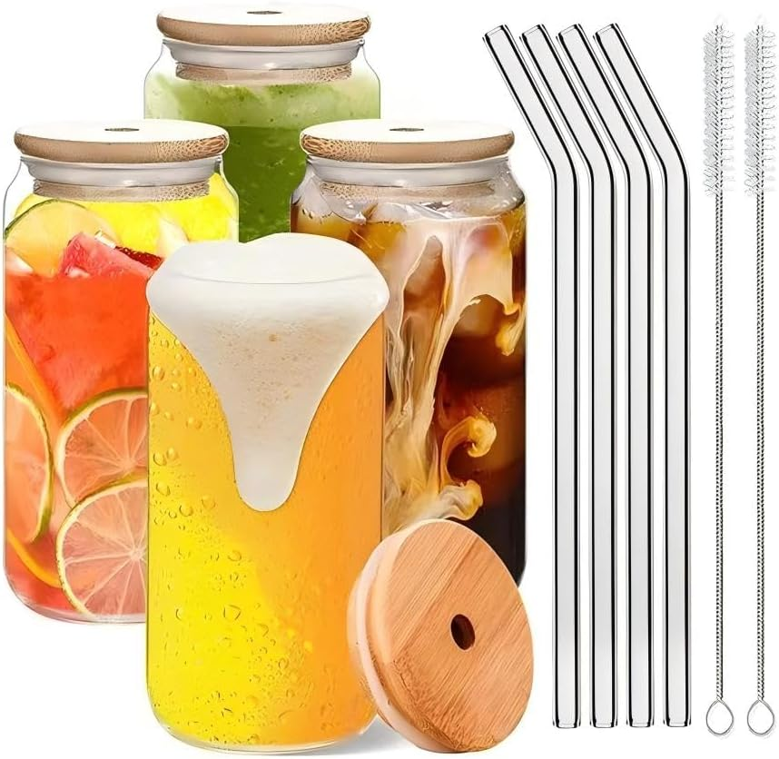 Drinking Glasses with Bamboo Lids and Glass Straws-4Pcs Set 500Ml Glass Cups for Iced Coffee, Bubble Tea, Smoothie, Beer Glass - Dishwasher Safe with 2 Brushes, Ideal for Home Bar & Aesthetic Gift image number 6