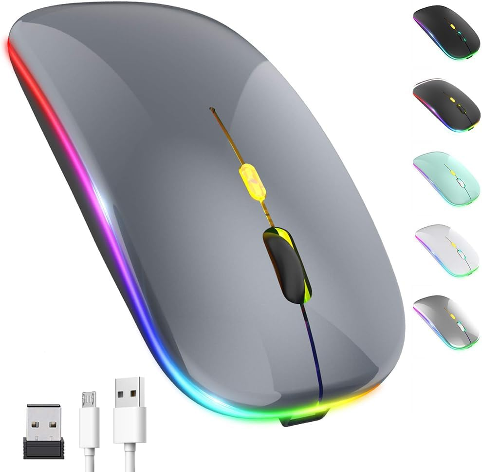 LED Wireless Mouse, Rechargeable Slim Silent Mouse 2.4G Portable Wireless Bluetooth Mouse Dual Mode with USB Receiver and Type C Adapter, 3 Adjustable DPI for Notebook, PC, Laptop (Grey) image number 3
