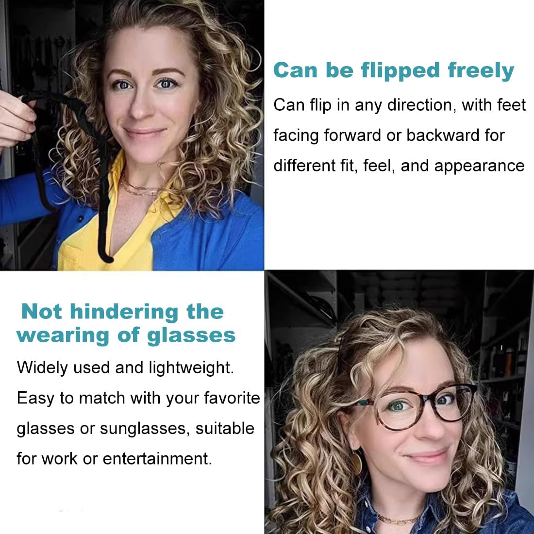 Curly Thick Hair Large Headband, 4 Pieces Square Headband Hinged Headband, Sunglasses Headband, Hair Hoop Sunglasses, Headband like Sunglasses, Hair Hoop Headband for Men Women (2 Colours) image number 2