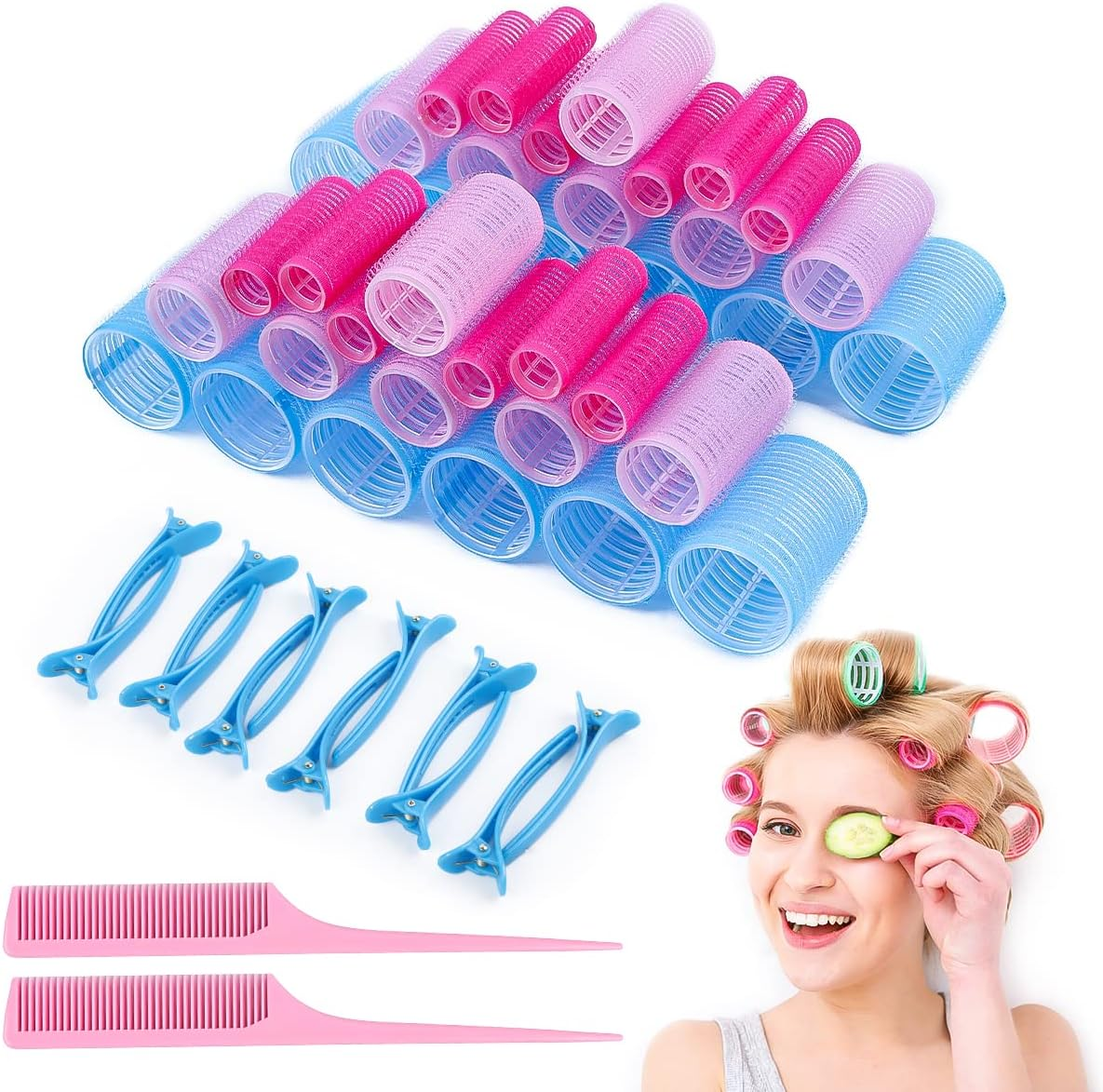 Encuryna Pack of 50 Hair Rollers Set, Self-Adhesive Hair Rollers, Curlers, Adhesive Rollers, Curls without Heat Curlers with Comb and Duck Beak Clips for Women, Salon, Barber, Hairdresser image number 3