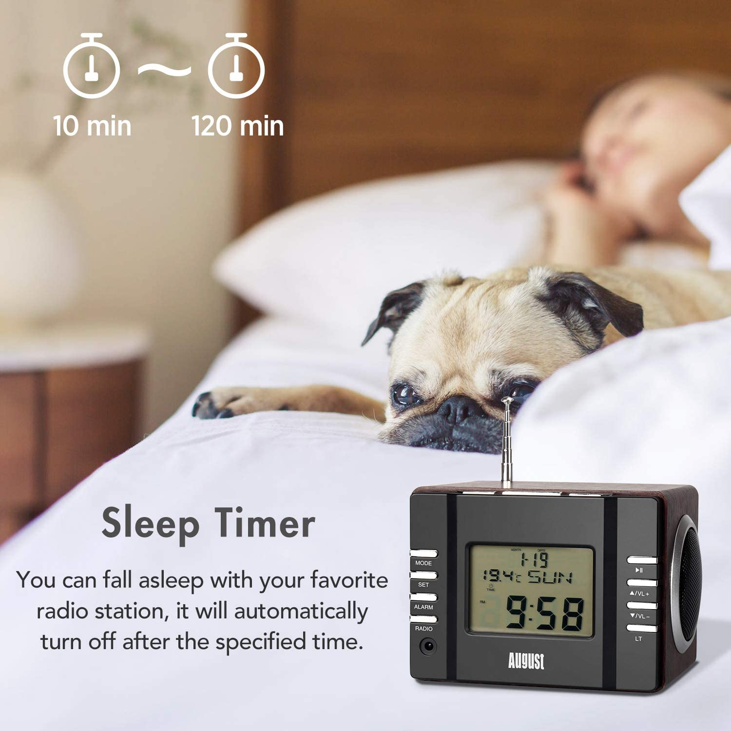 Clock Radio with MP3 Alarm - August MB300 - Wake to Your Favourite Music from USB and SD or FM Station - Rechargeable Portable Speaker with Remote Control [Dark Wood] image number 4