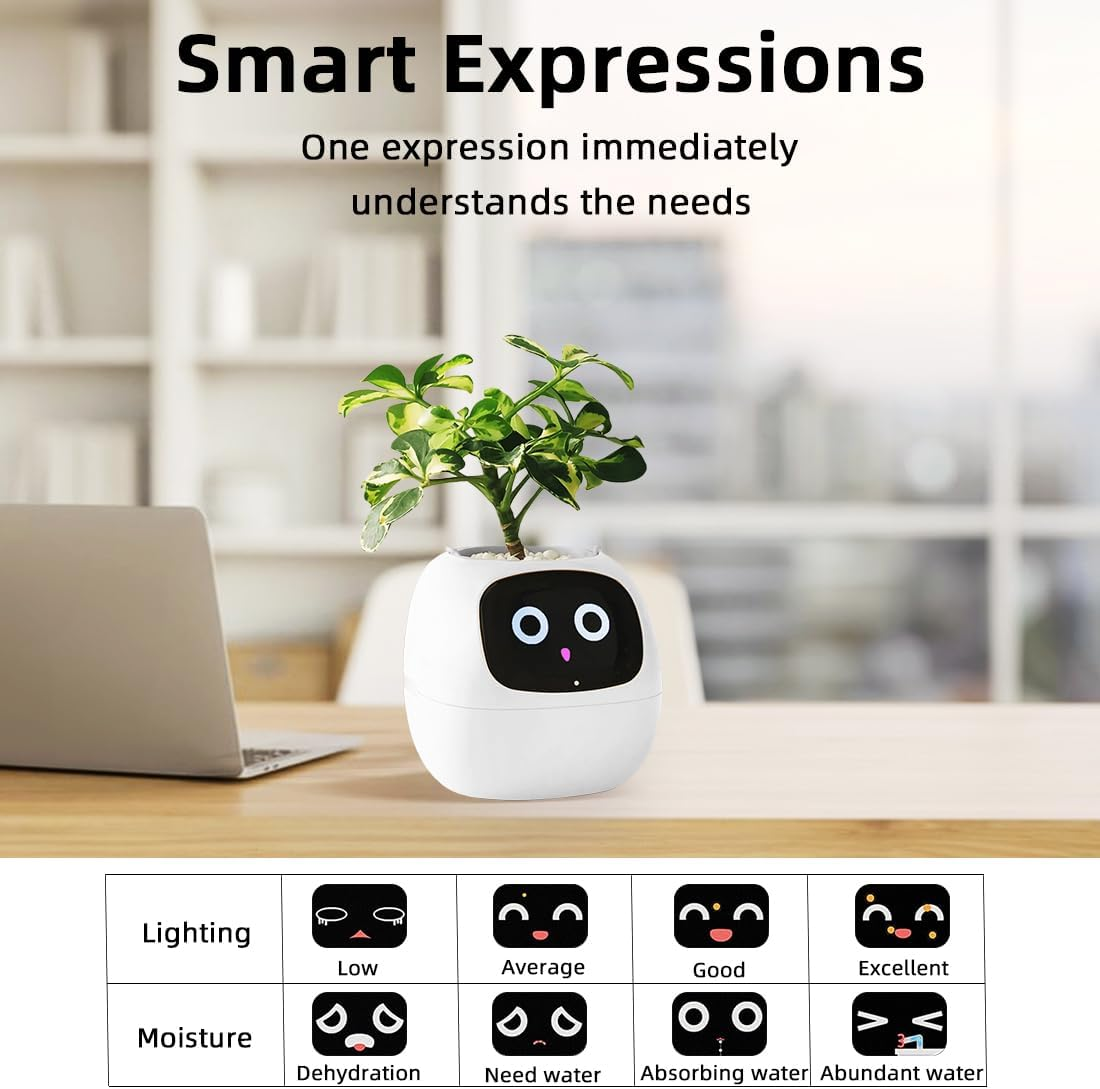 Smart Flowerpots AI Planter, 49 Expressions, 7 Sensors, APP Control Robot for Interactive Plant Care Auto Watering, Time/Temp Display for Indoor Decoration, Gifts，Plant-Free (White) image number 1