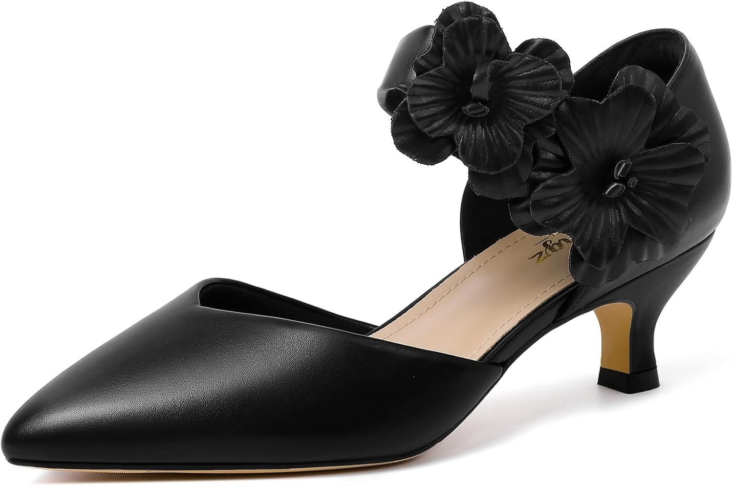 RIBONGZ Women'S Low Kitten Heel Pumps Comfortable Pointed Toe Dress Shoes Flower Strap Slip on Dressy Heels for Wedding Dancing Party Office Work