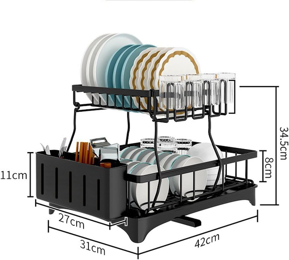 Dish Drying Rack, Dish Rack with Draining Tray, Made of Carbon Steel, Removable Cutlery Holder with Drip Tray Swivel Draining Spout, for Kitchen Countertop（Black 2） image number 2