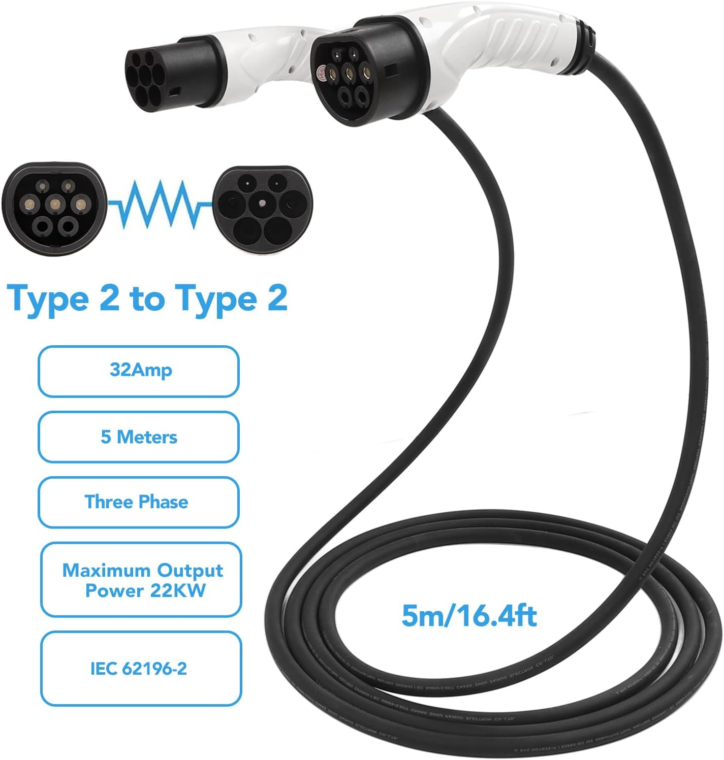 EV Extension Cable, 32Amp 22KW Electric Vehicle Charging Cable 3 Phase 5M/16.4Ft Portable EV Charger, Type 2 to Type 2 EV Charger Extension Cable for Electric Vehicle Charging Stations image number 5