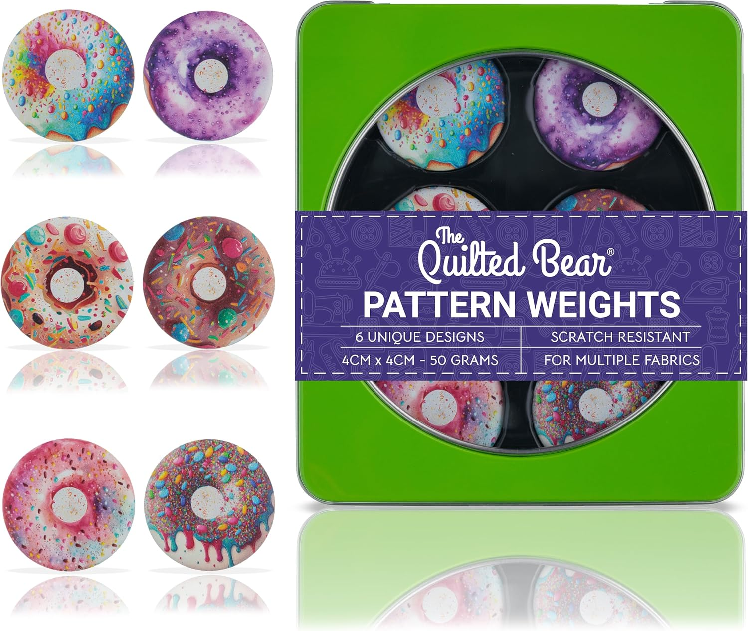 The Quilted Bear Pattern Weights Set of 6X40Mm - Scratch Resistant Paper Weights/Pattern Weights for Sewing, Dressmaking or Cutting Fabric (TQB - Donuts) image number 3