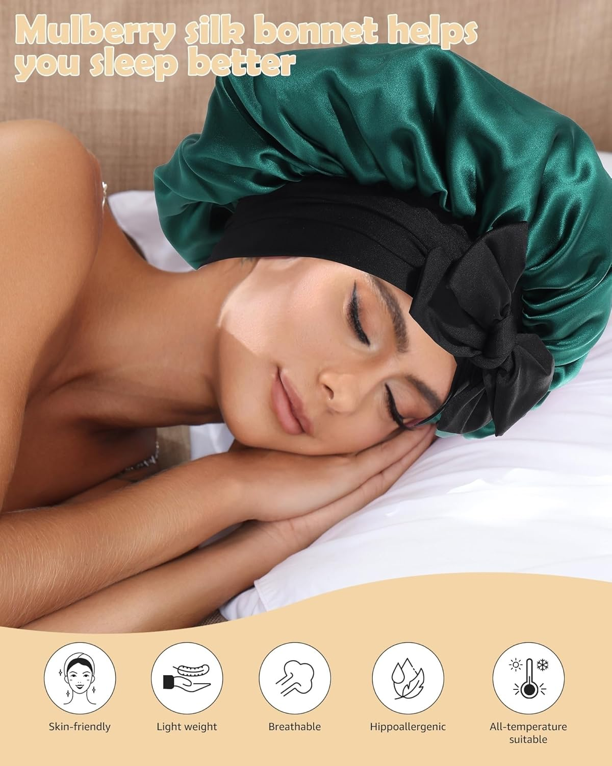 Anicika 100% Silk Bonnet for Sleeping, 22 Momme Pure Mulberry Silk Hair Bonnet Natural Silky Women Sleep Cap with Elastic Reversible Hair Wrap Green