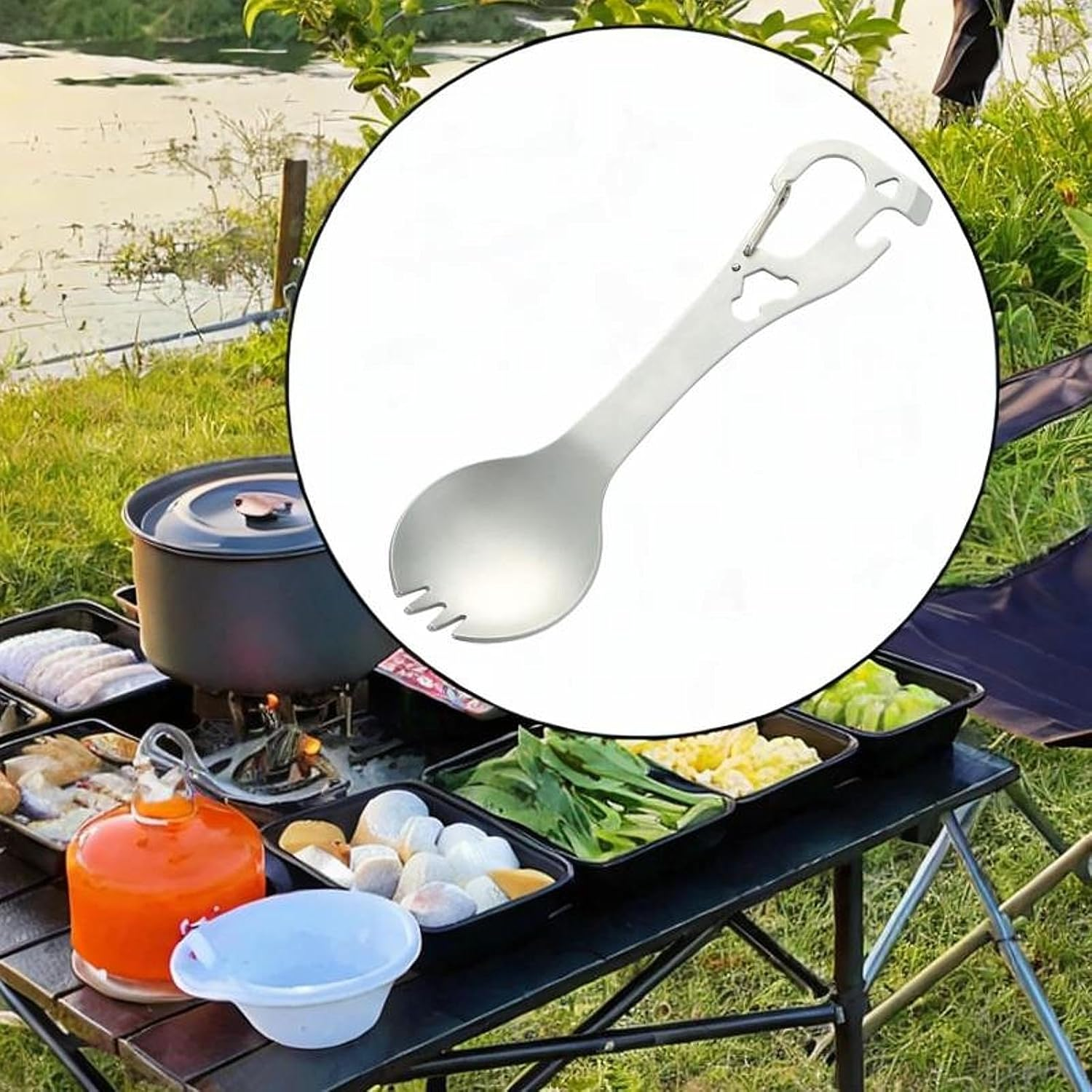 Eigell Camping Fork Spoon Outdoor Gear Can Opener Utensils for BBQ Hiking Fishing, Silver image number 6