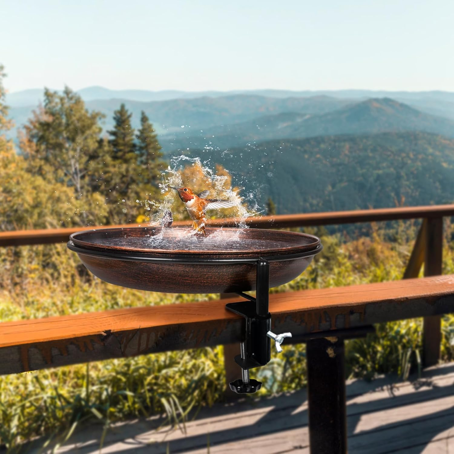 DREAMSOUL Deck Mounted Bird Bath Metal Birdbath Bowl Unheated with Lightweight Detachable, Bird Baths with Adjustable Sturdy Steel Clamp for Deck Railing Balcony Yard Outdoors Garden Decoration - A-Red Copper image number 6