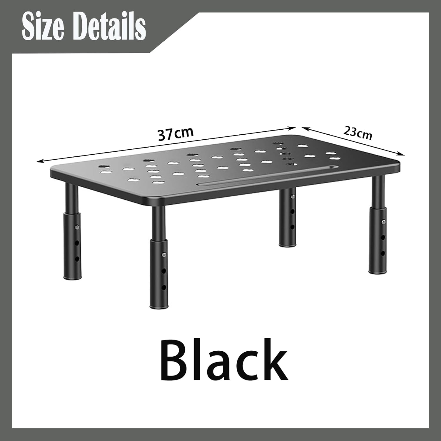 1 Pack Black Metal Monitor Stand Riser, 3 Height Adjustable Monitor Riser with Mesh Holes, Metal Shelf Holder Screen Floor Stand Riser Metal Platform for Computer, Laptop, Printer image number 3