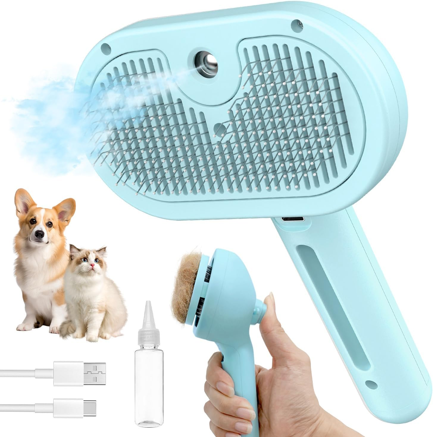 Dog Brush for Shedding, 3 in 1 Self Cleaning Steam Dog Brush - Anti-Static,Cat Steam Brush Removal Comb with Release Button, Grooming Tool for Long and Short Hair Pets, Blue image number 2