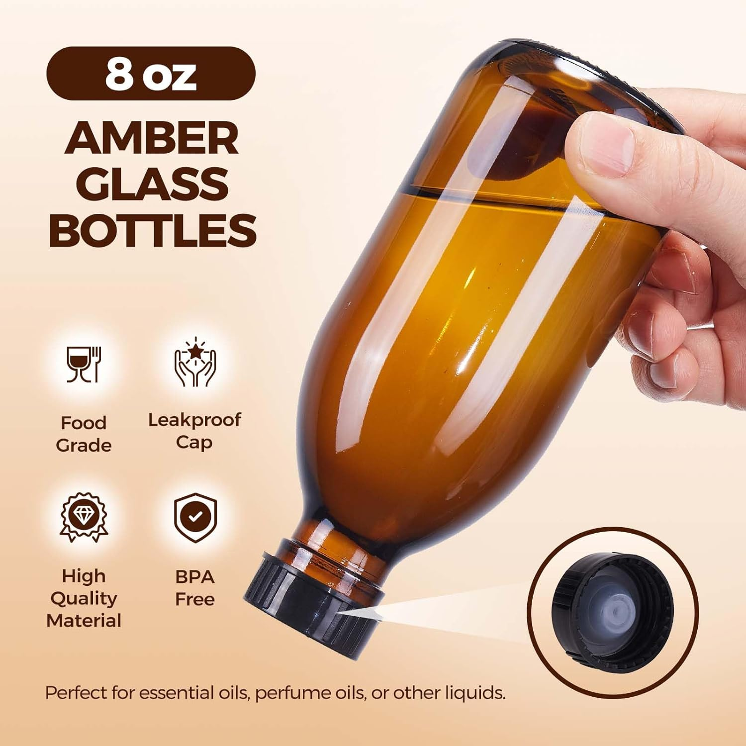12 Pack, 8 OZ Amber Glass Bottles with Caps Leakproof Refilllable Empty Brown Boston Sample Dispensing Bottles for Homemade Vanilla Extract, Essential Oils, Potion, Juice, Ginger Shots, Liquids image number 4
