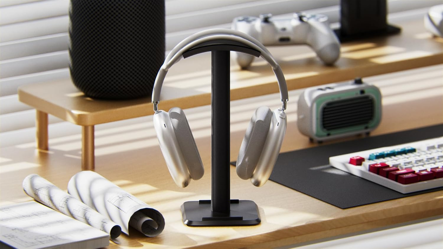 NQQNQQ 【1PACK】 2-In-1 Headphone Stand & Phone Holder &ndash; Aluminum Hanger, Plastic Headrest, Compatible with Airpods Max, Bose, Beats & More. TE-S (Black) image number 6