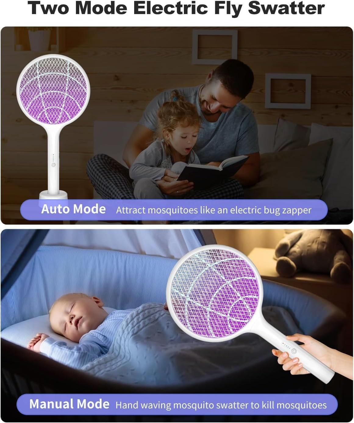Electric Fly Swatter 4000V Bug Zapper Racket 2 in 1 Fly Swatter with 2000Mah Battery Rechargeable Mosquito Killer Lamp with 3 Layers Safety Mesh for Indoor and Outdoor image number 2