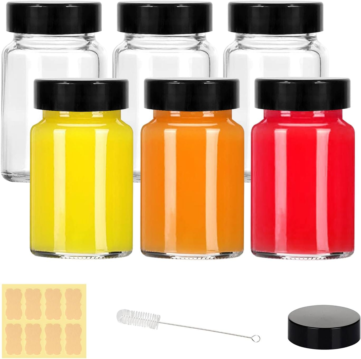 LANBEAUTIFY 2 Oz Small Clear Glass Bottles with Lids - 6Pcs Wide Mouth Shot Bottles with Caps for Ginger Shots, Juice, Potion, Liquids, Whiskey - Mini Travel Bottles with Funnels, Stickers