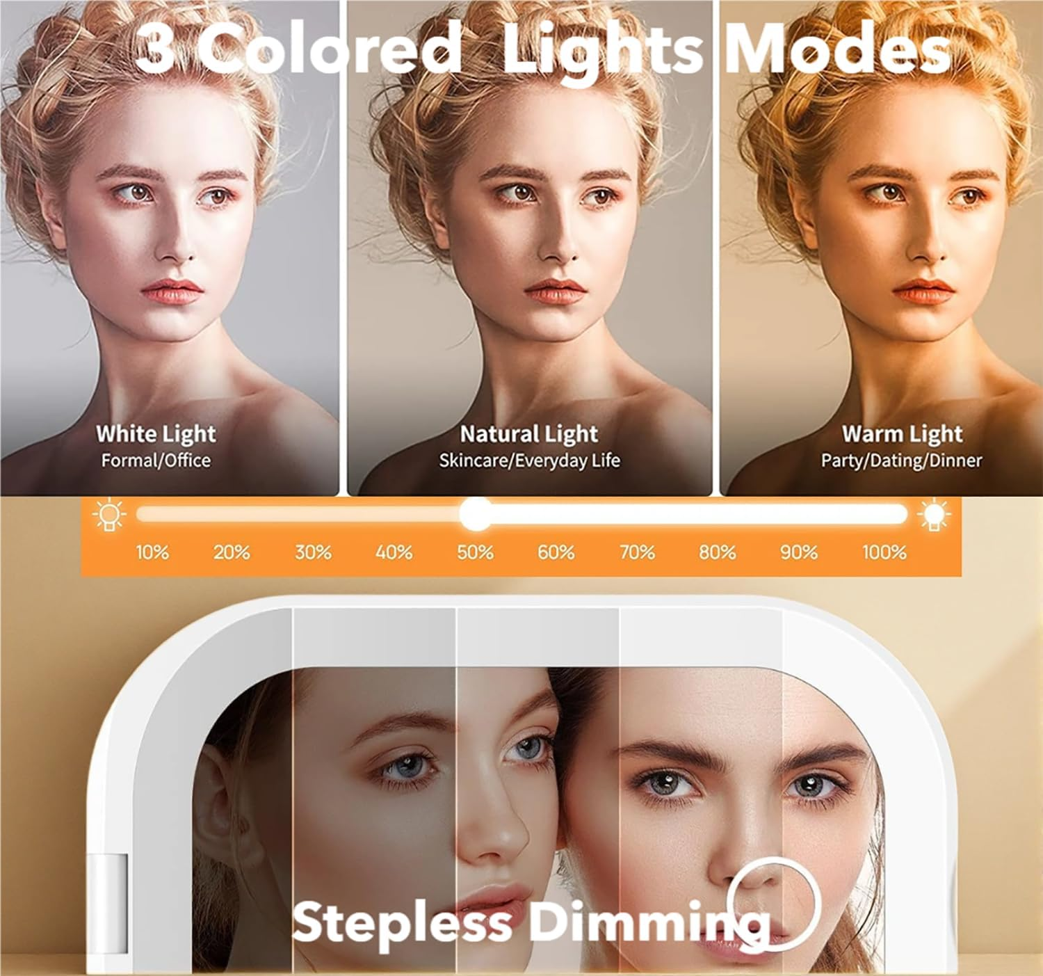 ECOMUSE Travel Mirror with Light and Magnification 1X/2X,Compact Mirror with 3 Color Lights,Touch Sensor Dimming,Rechargeable Portable Mirror for Purse,2-Sided, Handheld, Folding, White image number 4