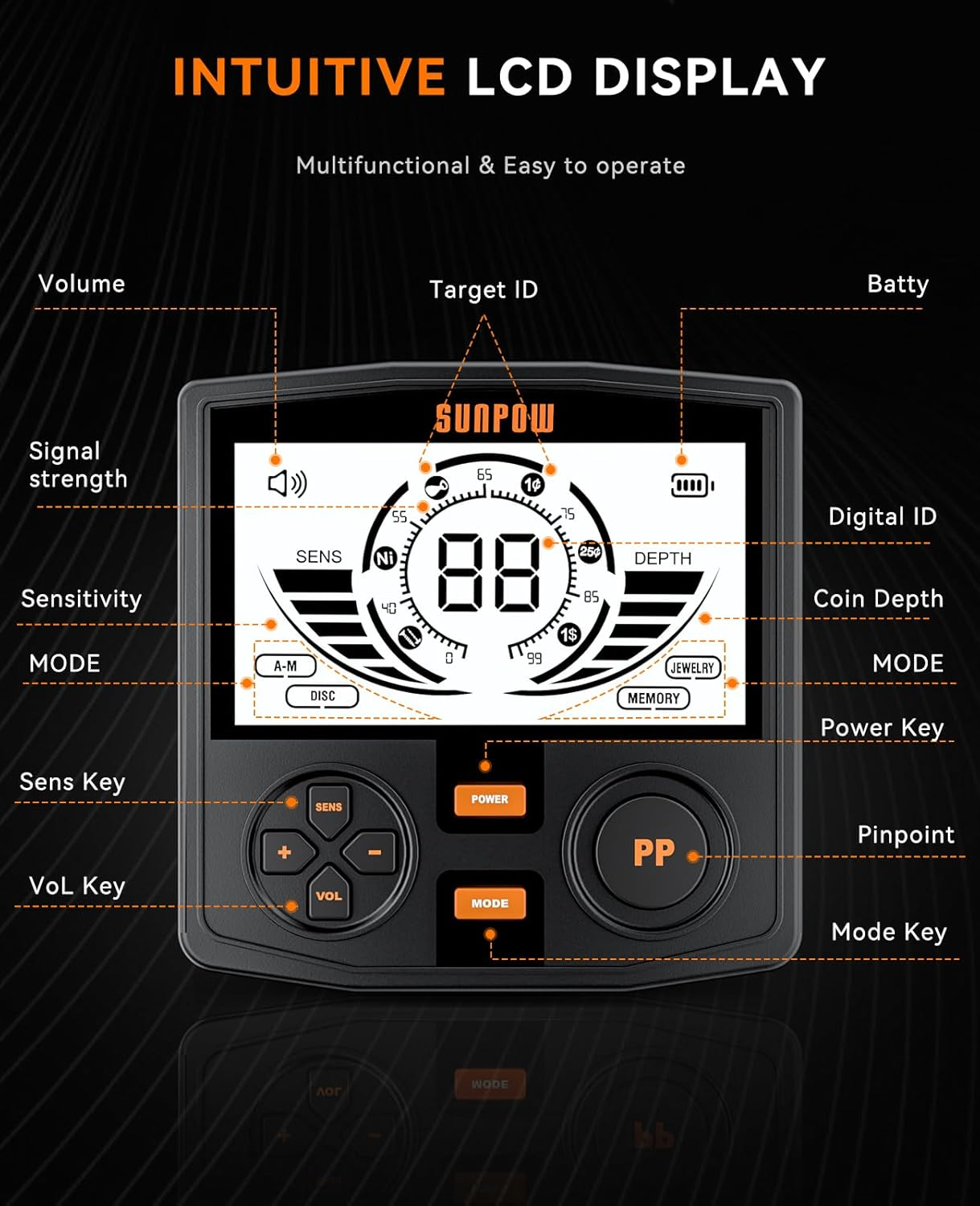 SUNPOW Metal Detector for Adults Professional - High Accuracy with 12" Waterproof Coil, 2X Backlit LCD Display, Advanced DSP Chip, 5 Modes, Adjustable Length (19"-59"), Sturdy Spiral Structure -OTMD14 image number 4