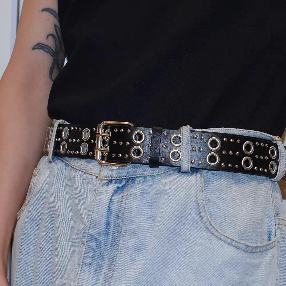 Y2K Punk Studded Leather Belt for Women Men Goth Emo Grunge Rock Double Buckle Belt Western Jean Clothes Accessories image number 4