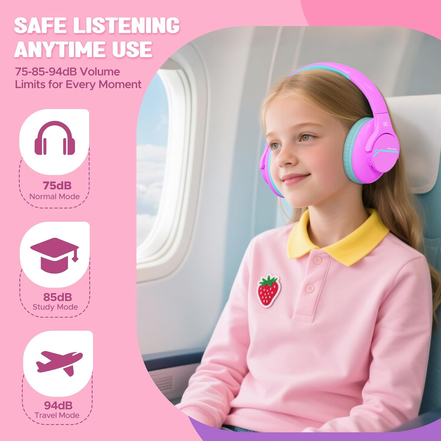 Steellumen Active Noise Cancelling Bluetooth Headphones Children, ANC Mode, Children'S Headphones Wireless, Bluetooth 5.4, 40H Playtime, 74/85/94Dba Safe Volume, Comfortable for Air Travel - Purple image number 3