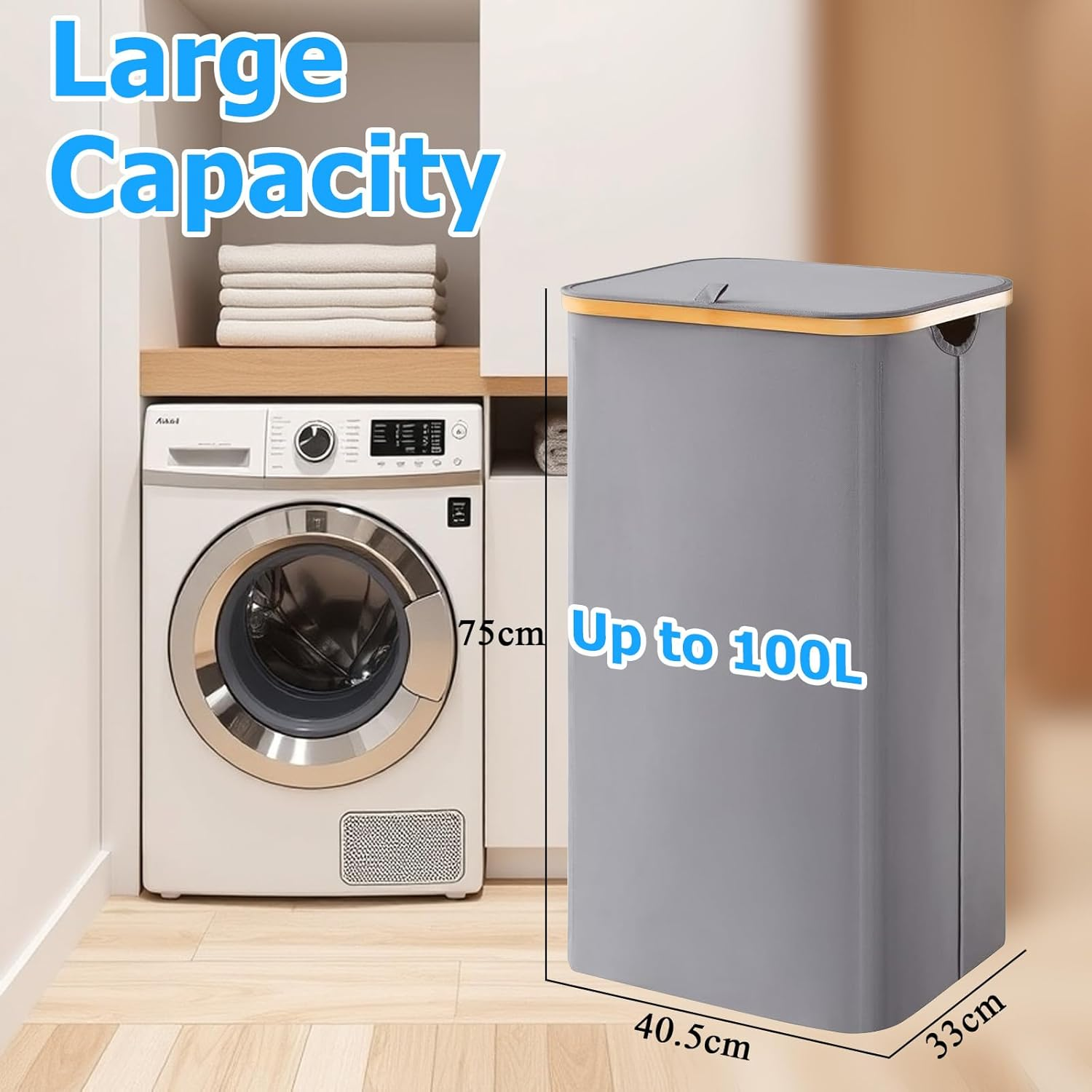 100L Laundry Basket with Lid，Removable Laundry Bag with Bamboo Handle for Large Foldable Laundry Hamper for Bedroom, Bathroom, Dorm, Laundry Room (Grey) image number 2