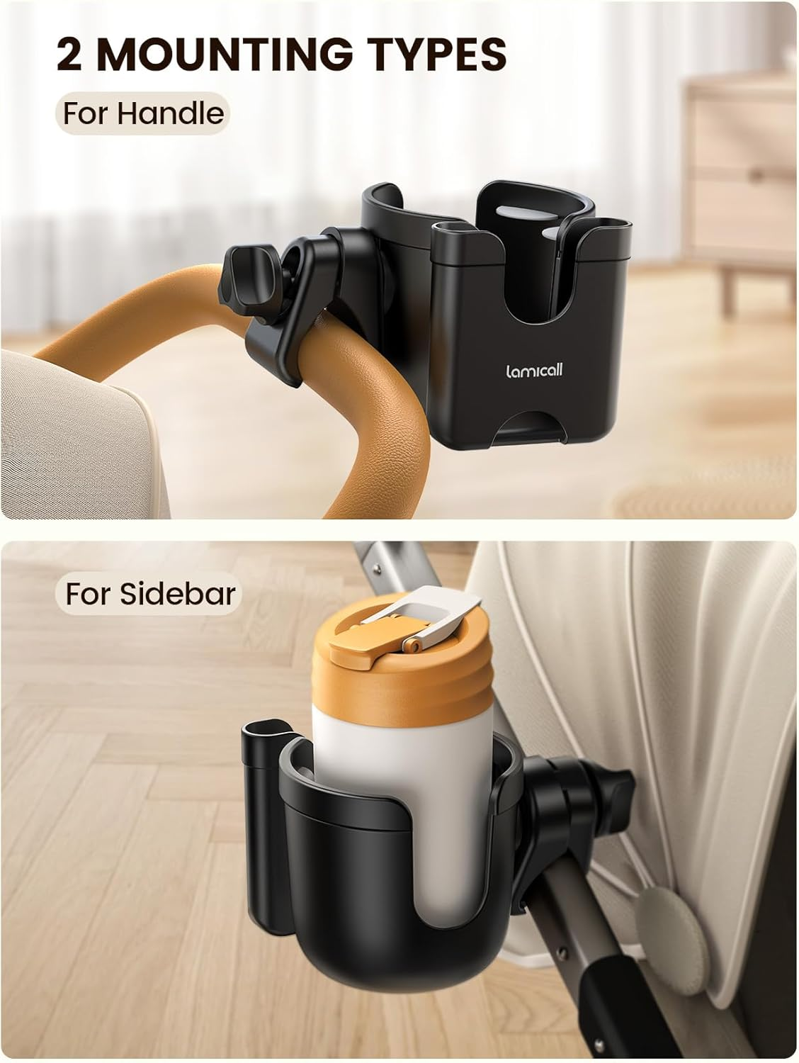 Lamicall Stroller Cup Holder with Phone Holder - Stable Anti-Slip Stroller Cup Holder Attachment for Uppababy, Nuna, Doona, 360&deg; Rotatable Stroller Accessories for Walker, Wheelchair, Bike, Scooter image number 1