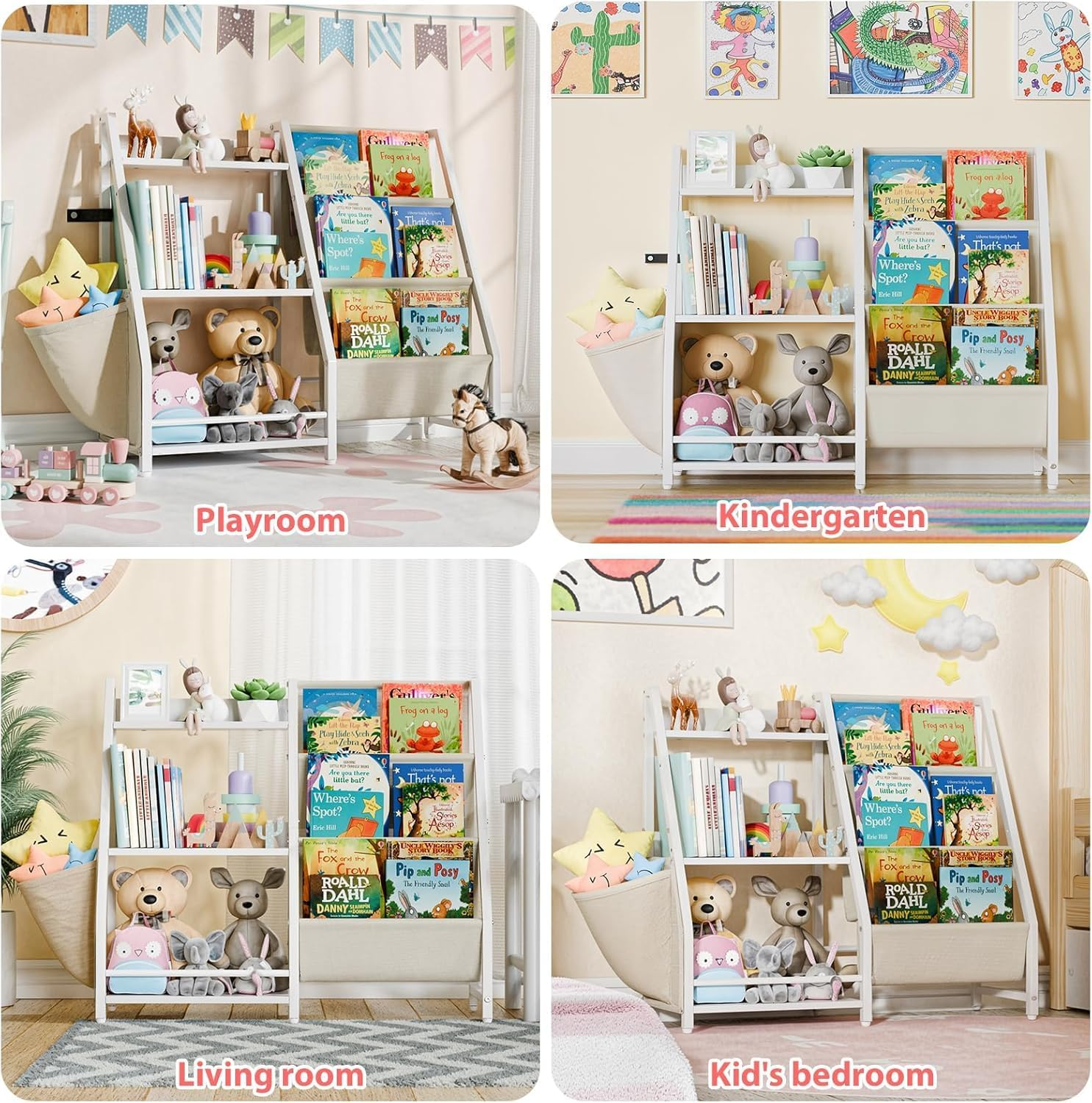 Kids Bookshelf & Toy Organizer, 85Cm Wide 3-Tier Montessori Storage System with Book Sling and Toy Storage Organizer (White) image number 5
