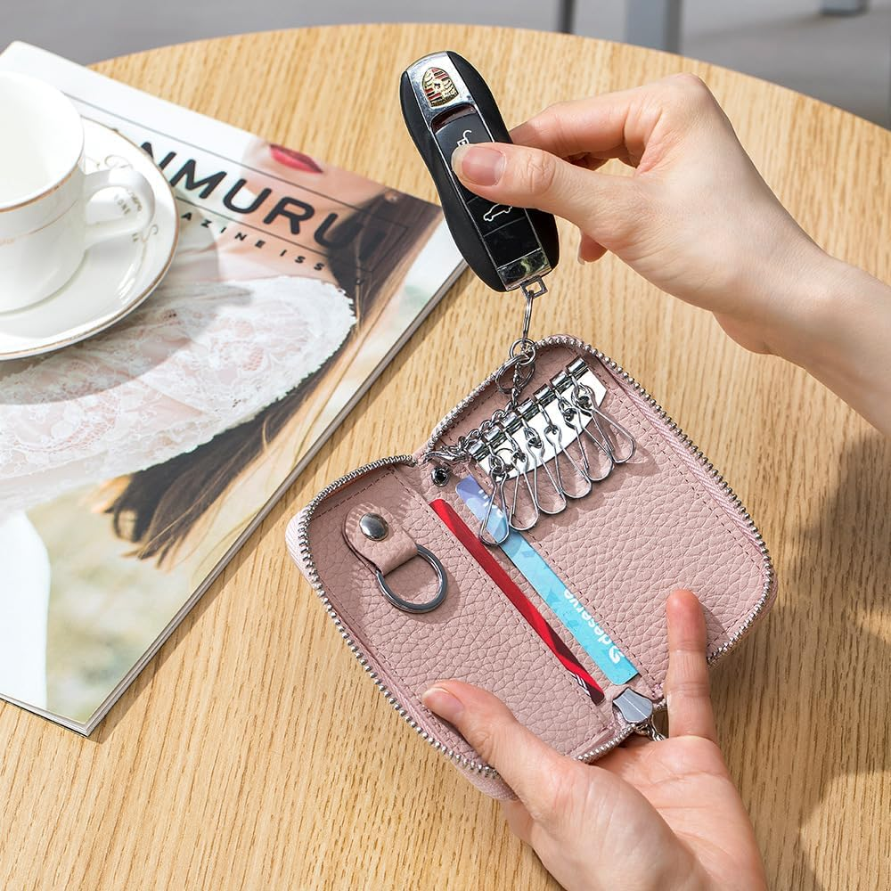Car Keychain Key Bag,Multi-Functional Car Home Key ID Card Bank Card Organizer Bag with Zip and Rotatable Hook (Pink)
