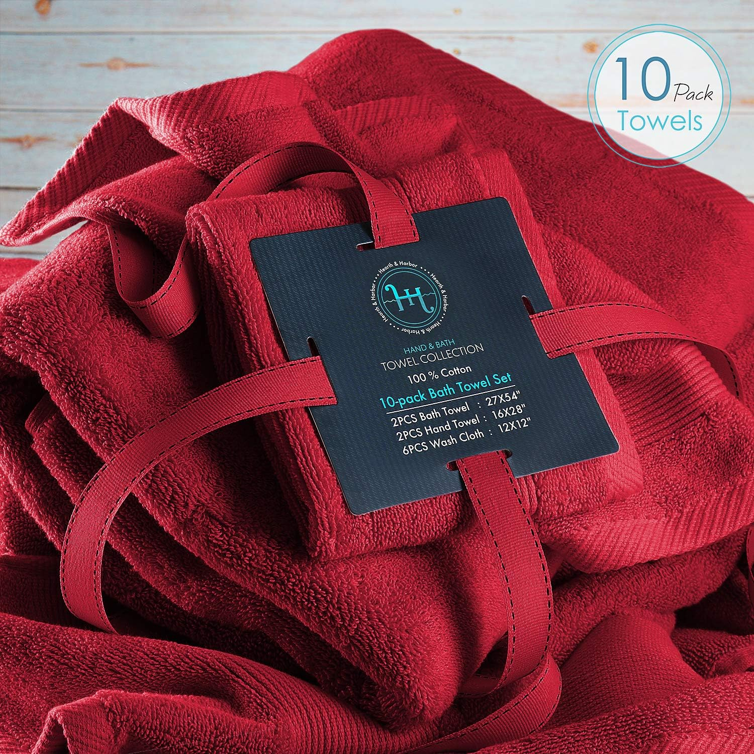 Hearth & Harbor Bath Towels for Bathroom - 100% Ring Spun Cotton Luxury Bathroom Towels - Soft & Highly Absorbent Bath Towels Set, 10 Piece Set (2 Bath Towels, 2 Hand Towels, 6 Washcloths) - Red image number 5
