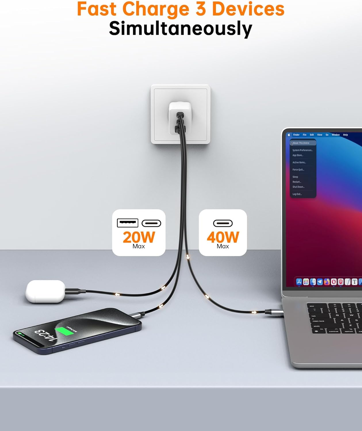 NOVOO 67W USB C Charger, 3-Port Gan III Fast Charger Block with PD3.0, PPS, Compact Wall Charger, AU Plug Power Adapter for Macbook, Ipad, Galaxy S25/S24 Ultra, Iphone 16/15Pro, Dell XPS 13 - White image number 2