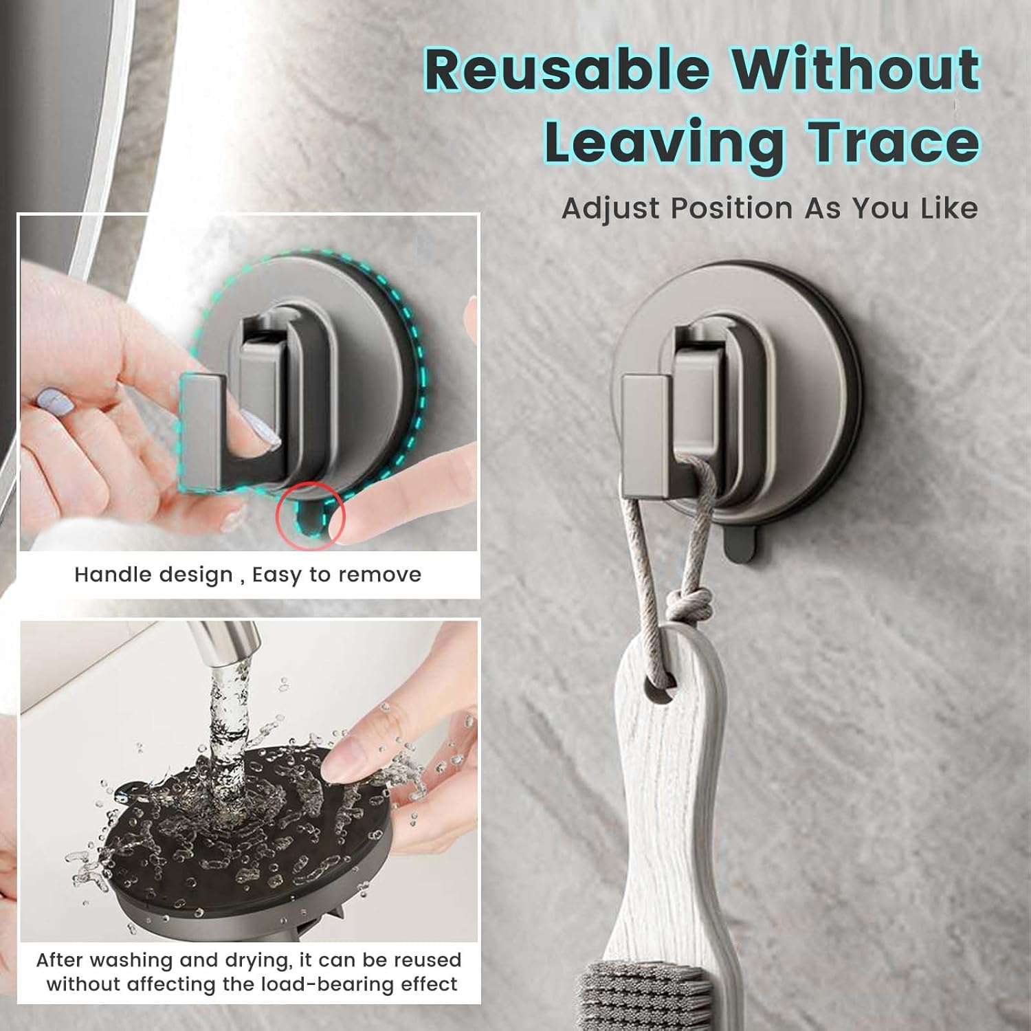 Daily Treasures 2PCS Space Aluminum Suction Hooks (18 Lbs),Stainless Steel Suction Cup Hooks for Shower,Vacuum Suction Hooks for Bathroom,Removable Heavy Duty Hooks,Reusable Towel Hooks Kitchen