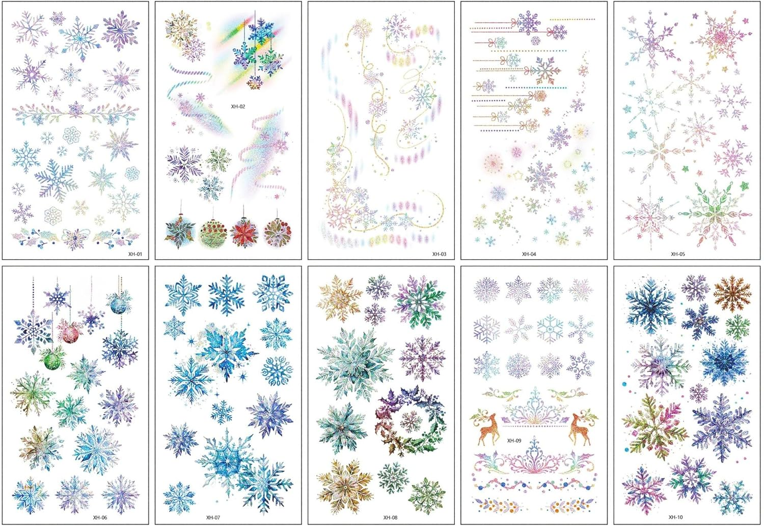 Christmas Snowflake Temporary Tattoos 10 Pieces, Shiny Facial & Body Glitter Tattoos for Holiday Parties and Glamorous Appearances