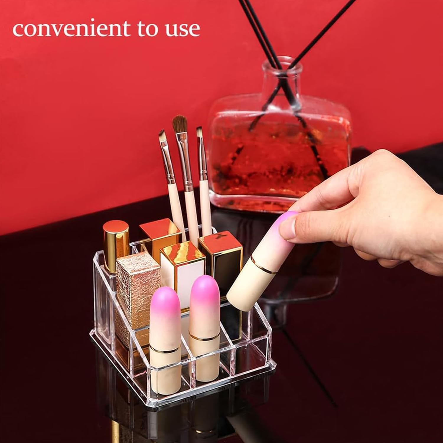 Kzvsiy 1-Pack 9-Slot Acrylic Nail Polish & Lipstick Organizer, Clear Cosmetic Storage Stand, Small Beauty Makeup Display Case for Lip Gloss, Lipstick, Nail Polish, and More image number 4