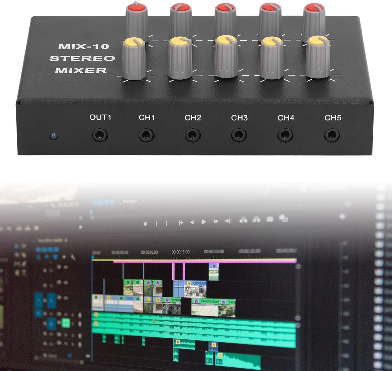 10 Channel Stereo Mixer, Adjustable Volume Aluminum Alloy Shell DC5‑12V Amplifier Mixer for Home Theater