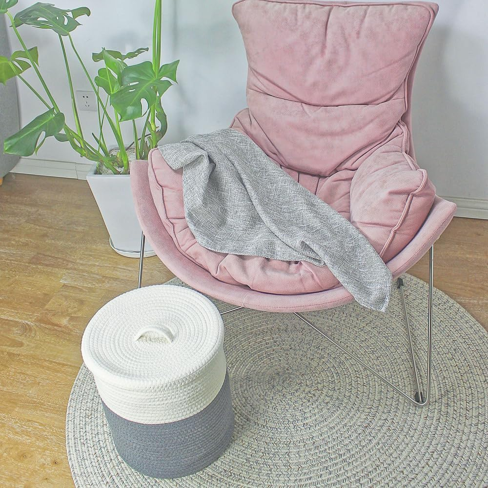 Yimi'S Dream Storage Basket with Lid, Cotton Rope Woven Storage Basket, Small Storage Bins, Nursery Organizers and Storage, Baby Toy Laundry Basket (White & Grey, 12D X 13.5H Inches)