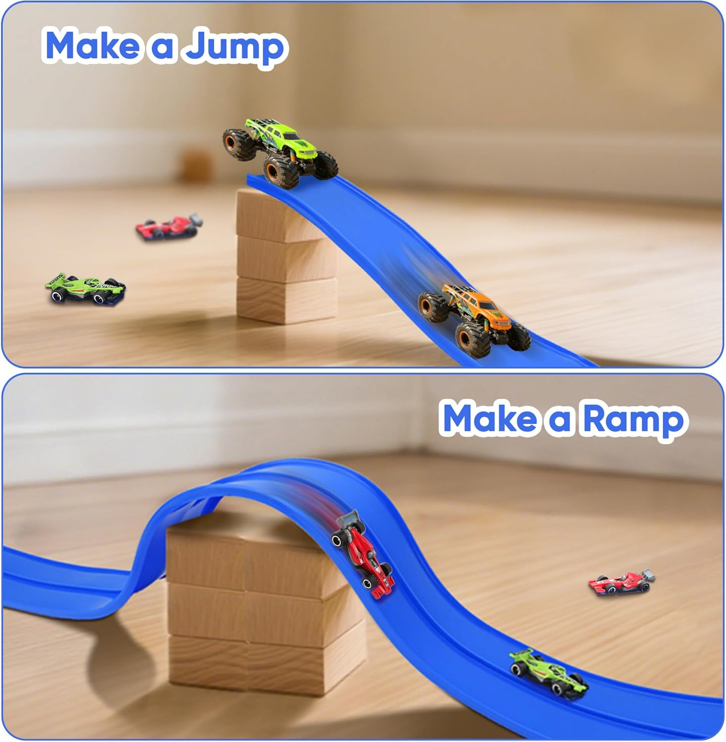 OMIPAWZ 15 Ft / 450 Cm Double Sided Flexible Rack Track Set with 6 Toy Cars for Kids image number 1