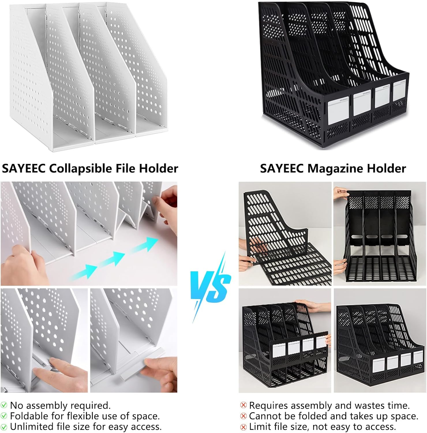 SAYEEC Collapsible Plastic Magazine File Holder Vertical Binder Storage Organizer for Desk Sturdy Upright Desktop Magazine Organizer Folder Rack for Office School Home (2, 2Pcs Gray (3 Compartments)) image number 4