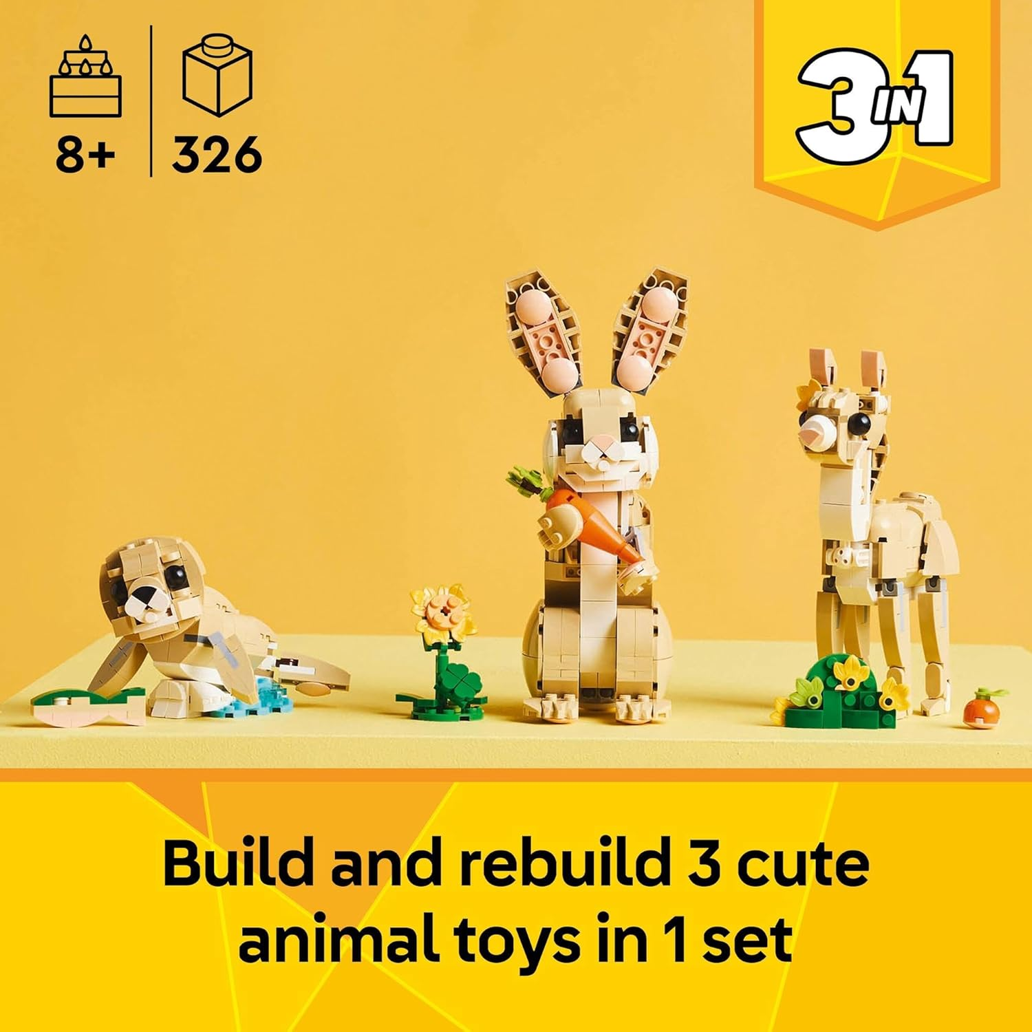 LEGO Creator 3In1 Cute Bunny Toy for 8+ Year Old Girls & Boys, Construction Kit Rebuilds into a Rabbit, Llama Animal Figure or a Kids Toy Seal, Nature Building Set 31162 - ネコ image number 2