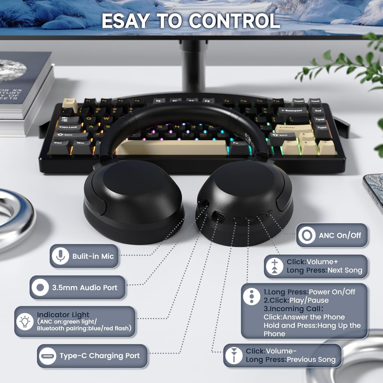 Lexonelec X Attack Shark G300 Wireless Active Noise Cancelling Headset, Bluetooth 5.3 Deep Bass HD Stereo Sound over Ear, 20H Playtime, Built-In Mic Lightweight Design 3.5Mm Gaming Headset(Black) image number 5