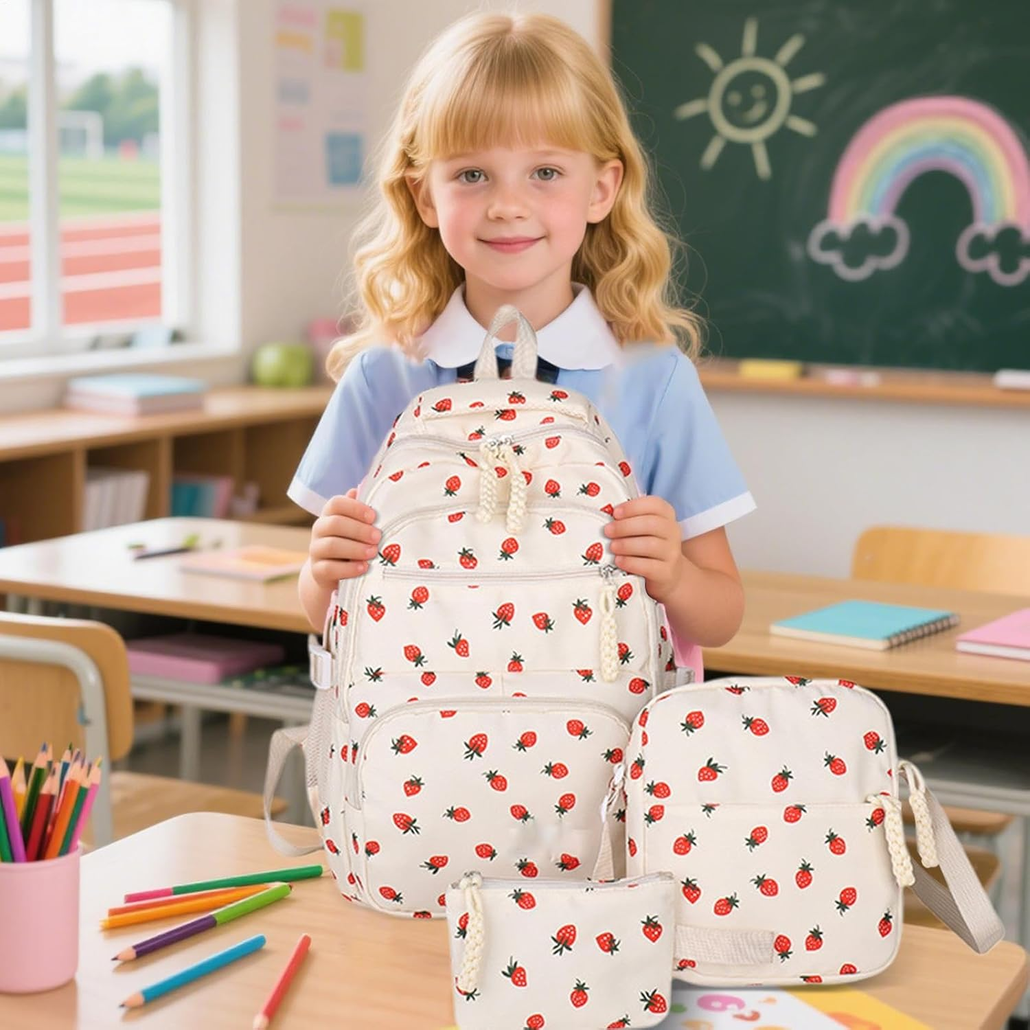 Strawberry Backpack - Women 3-Piece Leisure Bag, Simple College Style Backpack | Laptop School Bookbag with Pen Bag Shoulder Bag, Student Daily Commuting Accessories for Nursery in Front image number 6