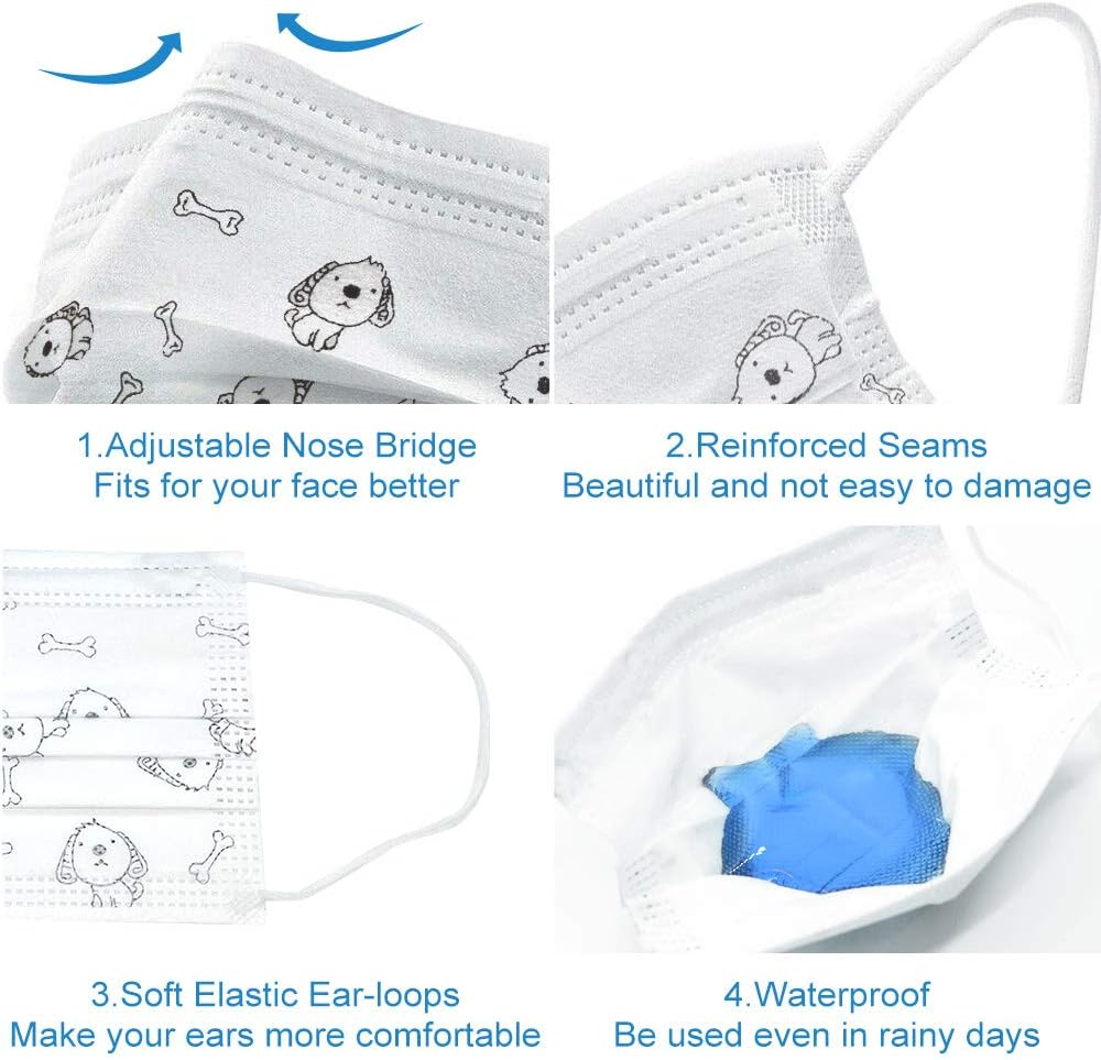 Childrens Disposable Face Mask - Flyaudio 50Pcs 3 Ply Face Mask for Kids with Earloops, Breathable Comfortable, Soft on Skin, Perfect Size Mask for Boys & Girls, White Dog image number 3