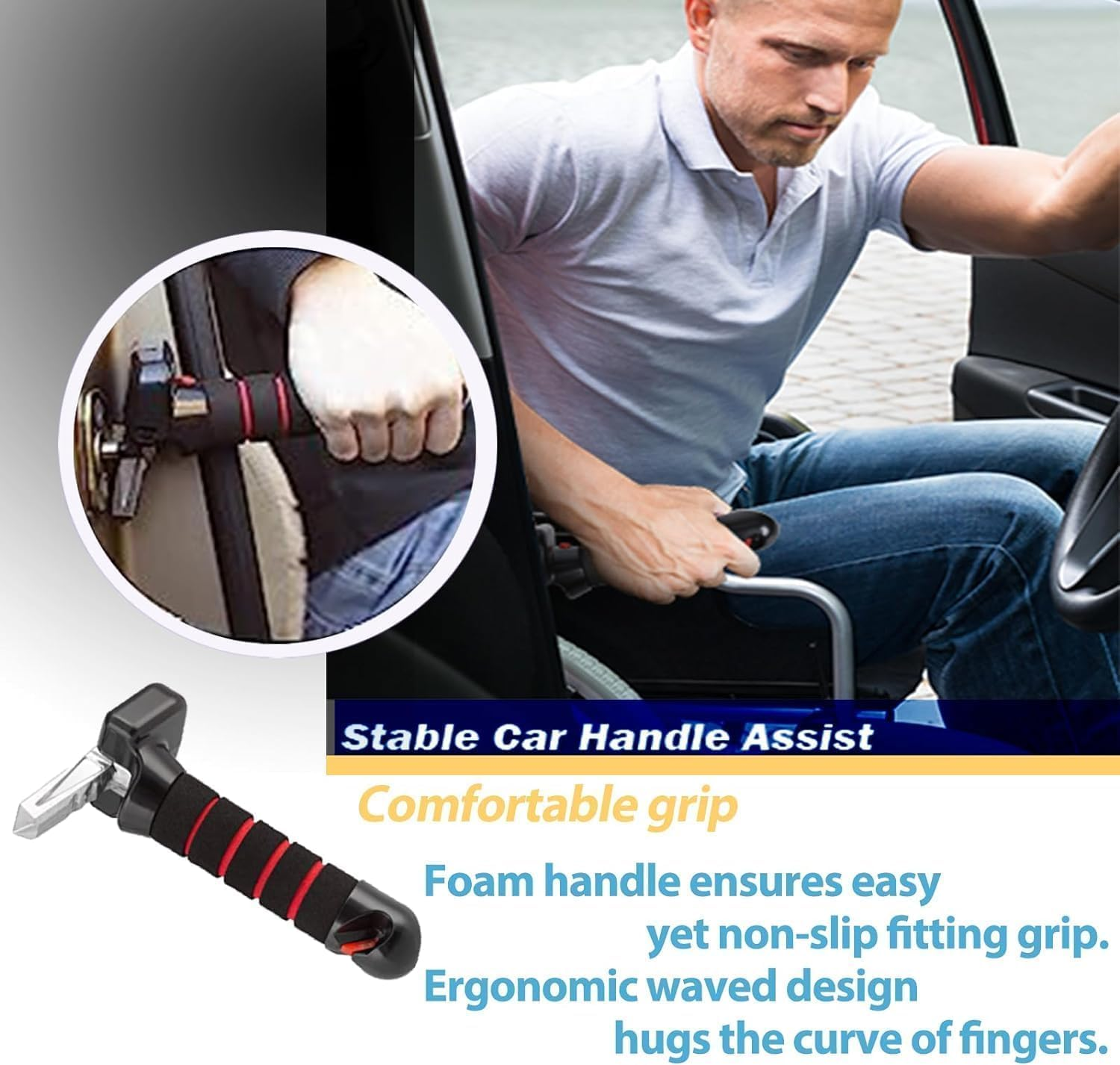 3 in 1 Vehicle Support Handles, Elderly Portable Automotive Door Assist Handles, with Seatbelt Cutter and Window Breaker for Elderly and Handicapped (Handles * 2 Pack), Red, LV849 image number 4