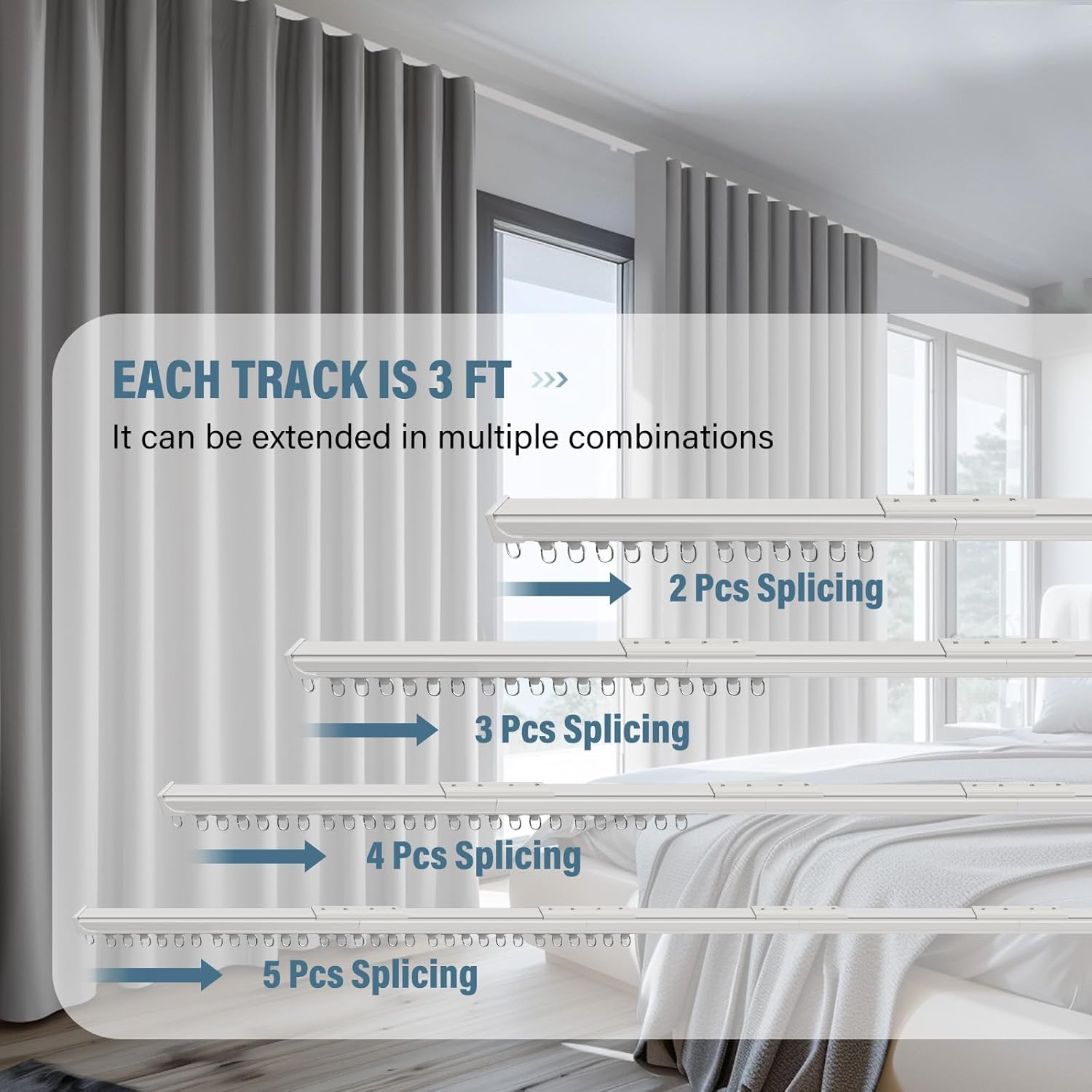 Hoeflife Curtain Track Ceiling Mount Heavy Duty Sliding Curtains Tracks Rails Rod System Room Divider with Clips 6-9Ft White image number 5