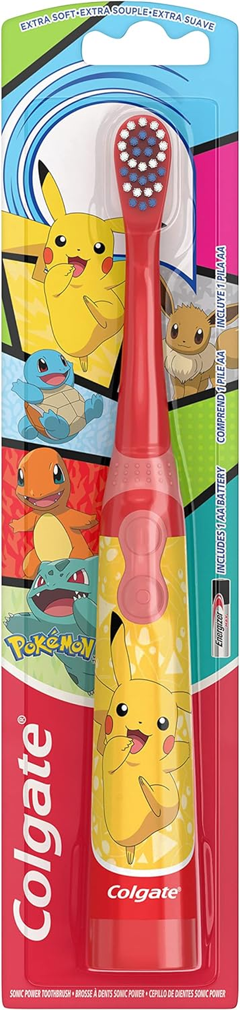 Colgate Kids Battery Powered Toothbrush, Kids Battery Toothbrush with Included AA Battery, Extra Soft Bristles, Flat-Laying Handle to Prevent Rolling, Pokemon Toothbrush, 1 Pack (Style May Vary) image number 2